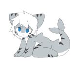  1:1 all_fours ambiguous_gender blue_eyes changed_(video_game) chano fin fish grey_body hair kneeling marine neutral_expression raised_tail shark shark_tail simple_background solo stripes the_shark_(changed) white_background white_body white_hair 