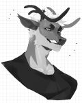  2021 absurd_res almee anthro cervid clothed clothing digital_media_(artwork) hair hi_res horn male mammal monochrome smile solo 