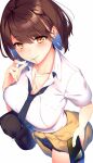  1girl azur_lane bag baltimore_(after-school_ace)_(azur_lane) baltimore_(azur_lane) brown_eyes brown_hair cellphone clothes_around_waist earbuds earphones eyebrows_visible_through_hair highres holding holding_phone looking_at_viewer mouth_hold necktie phone pleated_skirt ryuji_(ikeriu) school_bag school_uniform short_hair short_sleeves simple_background skirt solo sweater sweater_around_waist white_background yellow_sweater 
