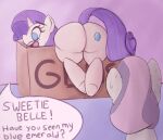  ambiguous_gender bent_over big_butt bodily_fluids box butt drabbella duo equid equine female feral friendship_is_magic gem hasbro hi_res horn horse mammal my_little_pony pony rarity_(mlp) sibling simple_background sister sisters solo_focus speech_bubble sweat sweetie_belle_(mlp) text thick_thighs unicorn 