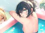  2girls bath bathtub black_hair blonde_hair blush cropped green_eyes kagawa_ichigo nude original petals ponytail red_eyes 