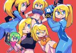  :&lt; abs arm_cannon ass blonde_hair blue_eyes bodysuit breasts crop_top green_hair gun handgun highres justin_bailey leotard looking_at_viewer metroid metroid_fusion mole mole_under_mouth multiple_persona navel o3o ponytail rariatto_(ganguri) red_background samus_aran serious simple_background smile stomach super_metroid toned weapon zero_suit 