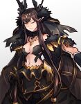  1girl bangs bare_shoulders black_dress blush breasts brown_hair cleavage dress fate/apocrypha fate/grand_order fate_(series) feather_trim fur_trim highres large_breasts long_hair looking_at_viewer menma222 one_eye_closed outstretched_arm parted_lips pointy_ears semiramis_(fate) sidelocks simple_background slit_pupils smile solo_focus spikes very_long_hair white_background yellow_eyes 
