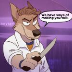  1:1 anthro brown_body brown_fur canid canine canis clothing domestic_dog english_text facial_hair fan_character fur gradient_background knife male mammal purple_background rhyset simple_background solo speech_bubble text unavailable_at_source weapon 