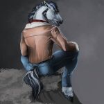  anthro ardennes_draft_horse bottomwear clothed clothing draft_horse ear_piercing equid equine facial_hair fully_clothed hi_res horse industrial_piercing jacket male mammal pants piercing scotch_macmanus sitting solo topwear venlightchaser 