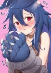  1girl bangs bare_shoulders blue_gloves blue_hair blush commentary_request eyebrows_visible_through_hair fang fenrir_(shingeki_no_bahamut) flying_sweatdrops gloves granblue_fantasy hair_between_eyes hands_up highres long_hair looking_at_viewer parted_lips paw_gloves paws pink_background red_eyes simple_background solo uneg upper_body very_long_hair 