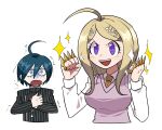  1boy 1girl :d ahoge akamatsu_kaede bangs beamed_eighth_notes black_hair blonde_hair breasts danganronpa_(series) danganronpa_v3:_killing_harmony eighth_note furukawa_(yomawari) hair_between_eyes hair_ornament highres holding holding_weapon jacket large_breasts long_hair long_sleeves looking_at_viewer male_focus musical_note musical_note_hair_ornament necktie open_mouth orange_neckwear purple_eyes saihara_shuuichi shaded_face shirt short_hair smile sparkle sweater_vest trembling turn_pale upper_body weapon white_background white_shirt yellow_eyes 