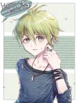  1boy amami_rantarou bangs bracelet collarbone commentary_request danganronpa_(series) danganronpa_v3:_killing_harmony dated goto_(sep) green_eyes green_hair hair_between_eyes hand_up happy_birthday highres jewelry long_sleeves looking_at_viewer male_focus necklace pale_skin pendant scratching_cheek shirt short_hair solo speech_bubble striped striped_background striped_shirt upper_body 