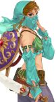  1boy arm_at_side bangs blonde_hair bridal_gauntlets crossdressing detached_sleeves from_side gerudo_set_(zelda) hand_up highres holding holding_weapon iva_(sena0119) jewelry link looking_at_viewer male_focus mouth_veil otoko_no_ko pointy_ears shield simple_background solo sword the_legend_of_zelda the_legend_of_zelda:_breath_of_the_wild veil weapon white_background 