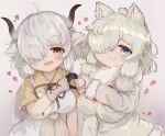  2girls ahoge alpaca_ears alpaca_girl alpaca_suri_(kemono_friends) animal_ears arm_at_side black_horns blue_eyes brown_eyes chibi closed_mouth commentary_request dress extra_ears fur-trimmed_sleeves fur_collar fur_trim gloves grey_horns hair_bun hair_over_one_eye hand_up hands_together heart heart_hands heart_hands_duo highres horns kemono_friends lbwtnnvekvk5fft long_hair long_sleeves looking_at_viewer medium_hair multicolored_horns multiple_girls neck_ribbon open_mouth ox_ears ox_girl ox_horns ribbon shiny shiny_hair shirt short_sleeves side-by-side sidelocks silver_hair smile sweater upper_body white_dress white_hair yak_(kemono_friends) yellow_shirt 