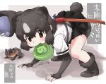  1girl all_fours animal_ears bear_ears bear_girl bear_paw_hammer bear_tail bike_shorts blush boots brown_bear_(kemono_friends) brown_eyes brown_footwear brown_gloves brown_hair brown_skirt commentary_request elbow_gloves extra_ears eyebrows_visible_through_hair fanta_(the_banana_pistols) fingerless_gloves food food_in_mouth full_body fur_trim gloves highres japari_bun kemono_friends looking_at_viewer mouth_hold multicolored_hair pleated_skirt shirt short_hair short_sleeves shorts shorts_under_skirt skirt smile solo t-shirt tail translation_request two-tone_hair white_hair white_shirt 