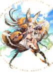  1girl absurdres animal_ears bangs blue_eyes breasts brown_hair coat eyebrows_visible_through_hair fur_trim highres holding holding_sword holding_weapon long_hair looking_at_viewer medium_breasts mizushirazu multicolored_hair open_clothes open_coat original personification solo striped striped_legwear sword thighhighs weapon 