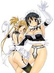  ass backless_outfit bare_back bikini_tan black_eyes black_hair blonde_hair breasts chastity_belt cleavage elbow_gloves garter_belt gloves keyring kore_ga_watashi_no_goshujin-sama large_breasts long_hair looking_at_viewer maid multiple_girls red_eyes sawatari_izumi sawatari_mitsuki short_hair siblings simple_background sisters tan tanline thighhighs tk_(takotsuboya) twintails white_background 