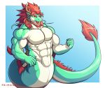  2018 5_fingers beard blue_background dragon facial_hair front_view gradient_background green_scales hair hi_res horn male muscular muscular_male naga ninggeez nude open_mouth primodrago red_hair reptile scales scalie sharp_teeth simple_background snake solo teeth yellow_eyes 