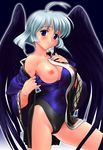  ahoge avatar_base blush breasts commentary_request kamyu leotard long_sleeves medium_breasts nipples open_clothes open_robe outline robe saida_kazuaki smile solo thighhighs undressing utawareru_mono wings 