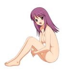 a1 absurdres barefoot breasts female full_body highres initial-g kaleido_star naegino_sora nipples nude purple_hair simple_background smile solo sora_naegino white_background 
