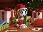  bottomless christmas clothed clothing darkybenji female hat holidays kneeling legendary_pok&eacute;mon legwear looking_at_viewer meloetta nintendo pok&eacute;mon pok&eacute;mon_(species) santa_hat solo stockings thick_thighs video_games 