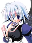  ahoge black_wings blue_eyes blue_hair blush breasts corset dress facial juliet_sleeves kamyu kazekawa_nagi large_breasts long_sleeves looking_at_viewer puffy_sleeves short_hair simple_background single_wing solo translated underbust upper_body utawareru_mono white_background wings 