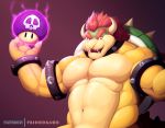  2018 4_fingers anthro bowser bracelet collar front_view gradient_background hair hi_res horn jewelry koopa looking_at_viewer male mario_bros mushroom navel nintendo nude primodrago purple_background red_eyes red_hair scalie simple_background solo spiked_bracelet spiked_collar spikes video_games 