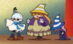  1boy 2girls :3 bangs beldam black_sclera blonde_hair blunt_bangs boots bow bowtie cape colored_sclera doopliss dress gloves grey_hair grin hair_over_eyes hat hat_over_eyes long_hair long_sleeves marilyn_(paper_mario) mario_(series) multiple_girls open_mouth pale_skin paper_mario paper_mario:_the_thousand_year_door party_hat personification pointy_ears purple_cape red_eyes shadow shorts silver_hair smile standing star_(symbol) striped striped_headwear ukata white_cape white_gloves witch_hat 