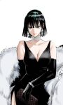  artist_request bag black_dress black_gloves dress earrings elbow_gloves evening_gown fubuki_(one-punch_man) gloves green_eyes handbag highres jewelry necklace one-punch_man pearl_necklace watch 