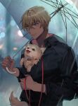  1boy amuro_tooru animal animal_collar bangs black_hoodie blonde_hair blue_eyes blurry blurry_background casual closed_mouth collar commentary_request dark_skin dark_skinned_male dog hair_between_eyes haro_(meitantei_conan) holding holding_leash holding_umbrella hood hood_down hoodie inside_clothes kanamura_ren leash long_sleeves looking_at_another looking_to_the_side looking_up male_focus meitantei_conan open_mouth outdoors rain red_collar short_hair smile tongue tongue_out umbrella upper_body 