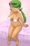  1girl bangs barefoot bed bikini breasts cleavage closed_mouth commentary_request dark_skin dark_skinned_female eyebrows_visible_through_hair flower green_eyes green_hair hair_flower hair_ornament highres large_breasts long_hair looking_at_viewer low_twintails mallow_(pokemon) navel on_bed pokemon pokemon_(game) pokemon_sm side-tie_bikini sitting smile solo string_bikini swept_bangs swimsuit tof twintails white_bikini 