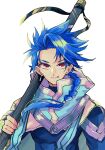  1boy blue_hair braid braided_ponytail child close-up closed_mouth cu_chulainn_(fate)_(all) earrings fate/grand_order_arcade fate_(series) haji_(fhj1896) highres holding holding_staff jewelry long_hair male_focus red_eyes setanta_(fate) simple_background slit_pupils solo spiked_hair staff tongue tongue_out type-moon white_background 