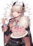  1boy ;p bangs black_cape black_jacket black_nails black_pants bow cake cape closed_mouth earrings eyebrows_visible_through_hair food fork fruit fur-trimmed_cape fur_trim happy_birthday holding holding_fork holding_plate jacket jewelry long_sleeves looking_at_viewer macaron machi_(7769) male_focus nail_polish one_eye_closed original pants pink_bow plate pointy_ears shirt silver_hair smile solo strawberry striped striped_bow tongue tongue_out white_background white_shirt 