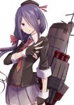 1girl ariake_(kantai_collection) bangs black_gloves black_headwear boushi-ya clenched_hand closed_mouth fingerless_gloves gloves hair_over_one_eye hair_ribbon hat jacket kantai_collection long_hair low-tied_long_hair necktie pleated_skirt purple_eyes purple_hair red_neckwear ribbon rigging simple_background skirt solo white_background 