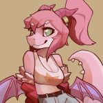  1:1 anthro belt bottomwear breasts capt_spacecat cleavage clothed clothing denim denim_clothing female green_eyes hair hi_res horn jacket jeans kobold looking_at_viewer pants ponytail shirt smile smiling_at_viewer solo tank_top topwear wings 