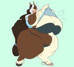  ? absurd_res anthro belly big_breasts blue_eyes boxgoat breasts brown_body brown_fur brown_hair clothed clothing clothing_lift curvy_figure equid equine female fur hair hair_over_eye hi_res hooves horse huge_breasts long_hair looking_at_viewer mammal one_eye_obstructed overweight overweight_anthro overweight_female shirt shirt_lift simple_background solo thick_thighs topwear underwear voluptuous white_body white_fur white_hair wide_hips 