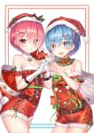  2girls bad_id bad_twitter_id bangs banned_artist bell blue_eyes blue_hair christmas collar detached_collar earrings eyebrows_visible_through_hair eyes_visible_through_hair frilled_collar frills grin hair_ornament hair_over_one_eye hairclip hat heart heart_hands heart_hands_duo hinaki_(hinaki_0102) holding holding_sack jewelry looking_at_viewer multiple_girls open_mouth over_shoulder pink_eyes pink_hair ram_(re:zero) re:zero_kara_hajimeru_isekai_seikatsu red_headwear red_jumpsuit rem_(re:zero) sack santa_costume santa_hat short_hair short_jumpsuit siblings sisters smile spaghetti_strap standing strapless twins white_collar wing_collar x_hair_ornament 