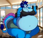  absurd_res anthro bodily_fluids breasts dragon dumbbell exercise female gym hi_res morbidly_obese obese overweight solo superix sweat weights 