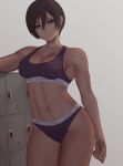  1girl abs absurdres alternate_costume black_hair blue_bra blue_eyes blue_panties bra breasts buruma calvin_klein cleavage cropped_legs expressionless eyebrows eyebrows_visible_through_hair hair_between_eyes highres locker looking_at_viewer mikasa_ackerman panties shingeki_no_kyojin short_hair sports_bikini sportswear thighs toned underwear zaki_(zaki_btw) 