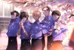  5boys :d amuro_tooru arm_at_side arm_behind_back arm_up bangs belt black_hair blonde_hair blue_eyes blue_shirt blurry blurry_background brown_eyes brown_hair cherry_blossoms cigarette closed_mouth collared_shirt commentary_request date_wataru day falling_petals flower from_side hagiwara_kenji hair_between_eyes hand_in_pocket happy holding_lighter kanamura_ren lighter lighting_cigarette looking_to_the_side looking_up male_focus matsuda_jinpei meitantei_conan mouth_hold multiple_boys open_mouth parted_lips petals pink_flower police police_uniform policeman scotch_(meitantei_conan) shirt short_hair short_sleeves smile standing stretch tree uniform watch wristwatch 