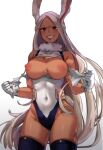  animal_humanoid athletic blush breasts brown_body brown_skin clothing exposed_breasts female gloves hair handwear hi_res humanoid lagomorph lagomorph_humanoid legwear leotard long_hair mammal mammal_humanoid miruko my_hero_academia navel nipples pink_nipples red_eyes simple_background smile thigh_highs torn_clothing trickytrain21 white_hair 