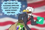  2021 accipitrid accipitriform anthro avian bag bald_eagle beak biped bird black_eyes blurred_background clothing dialogue digital_media_(artwork) eagle english_text eric_eagle feathers happyroadkill holding_bag holding_object logo male necktie open_mouth profanity red_necktie scared sea_eagle solo speech_bubble standing stars_and_stripes suit text united_states_of_america white_body white_feathers yelling yellow_beak 