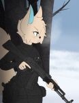  animal_humanoid anthro biped canid canine clothed clothing digital_media_(artwork) fennec fidda_gracepaws_(character) fiddagracepaws_(artist) fingers flat_chested fox fur girly gun hair handgun hi_res holding_object holding_weapon humanoid male mammal pistol ranged_weapon solo solo_focus standing weapon 