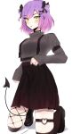  1girl :o absurdres black_choker black_footwear black_skirt boots breasts choker clenched_hand daiishori demon_tail double_bun fishnets gradient_hair grey_sweater highres hololive kneeling looking_at_viewer medium_breasts multicolored_hair open_mouth pink_hair purple_hair short_hair skindentation skirt solo sweater sweater_tucked_in tail thigh_boots thigh_strap thighhighs tokoyami_towa virtual_youtuber white_background 
