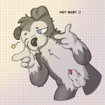  1:1 animal_genitalia animal_penis anthro balls biped canid canine canis cottongryph digital_drawing_(artwork) digital_media_(artwork) domestic_dog english_text finger_gun fully_sheathed fur genitals gesture grey_body grey_fur hi_res looking_at_viewer male mammal nude one_eye_closed penis sheath simple_background smile solo standing text wink winking_at_viewer 