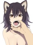  animal_humanoid bangs black_body black_fur black_hair breasts brown_eyes felid felid_humanoid feline feline_humanoid female fur hair hand_on_chin humanoid inner_ear_fluff long_hair looking_at_viewer mammal mammal_humanoid mattaku_mousuke nude sharp_teeth simple_background solo teeth tongue tuft white_background white_body white_skin 