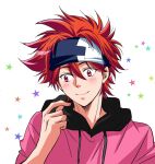  1boy blush closed_mouth hood hood_down hoodie kyan_reki male_focus orange_eyes patterned_background red_hair sisido_(black_candy) sk8_the_infinity smile solo spiked_hair star_(symbol) upper_body white_background 