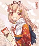  1girl bangs blonde_hair grin hagoita hair_flaps hair_ornament hair_ribbon hairclip holding japanese_clothes kantai_collection kimono long_hair new_year obi paddle red_eyes red_kimono remodel_(kantai_collection) ribbon sash scarf simple_background smile solo tane_juu-gou the_yuudachi-like_creature twitter_username white_scarf wide_sleeves yuudachi_(kantai_collection) 