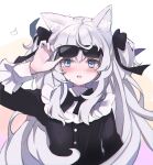  1girl absurdres animal_ear_fluff animal_ears arm_up bangs black_bow black_neckwear blue_eyes blush bow bowtie buttons cat_ears cat_girl commentary_request eyewear_lift frilled_sleeves frills hair_bow highres indie_virtual_youtuber kemonomimi_mode long_hair long_sleeves looking_at_viewer no_nose open_mouth retorillo shanoa_(vtuber) silver_hair solo sunglasses two_side_up upper_body very_long_hair virtual_youtuber 