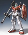  bazooka_(gundam) gm_(mobile_suit) gradient gradient_background gun gundam highres holding holding_gun holding_shield holding_weapon maeda_hiroyuki mecha mobile_suit mobile_suit_gundam no_humans redesign science_fiction shield solo standing visor weapon 