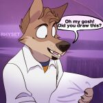  1:1 anthro brown_body brown_fur canid canine canis clothing domestic_dog english_text facial_hair fan_character fur gradient_background knife male mammal purple_background rhyset simple_background solo speech_bubble text unavailable_at_source weapon 