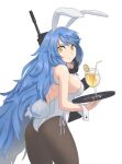  1girl animal_ears ass bare_shoulders blue_hair breasts bunny_ears bunny_tail expressionless from_behind girls_frontline large_breasts long_hair looking_at_viewer pantyhose playboy_bunny shiny shiny_hair shiny_skin sideboob solo tab_(tabkun) tail tar-21_(girls_frontline) very_long_hair weapon wrist_cuffs yellow_eyes 