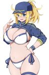  1girl ahoge artoria_pendragon_(all) bangs baseball_cap bikini blonde_hair blue_eyes blue_headwear blue_jacket blush bra bra_pull breasts cleavage commentary_request cropped_jacket eyebrows_visible_through_hair fate/grand_order fate_(series) hair_between_eyes hair_through_headwear hand_on_hip hand_up hat highres imuzi jacket large_breasts looking_at_viewer medium_hair midriff mysterious_heroine_xx_(foreigner) navel open_mouth ponytail shrug_(clothing) side-tie_bikini simple_background smile solo sweatband swimsuit underwear v white_background white_bikini wristband 