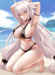  1girl arm_strap arms_behind_head azto_dio bangs beach bikini black_bikini blue_sky braid breasts cleavage cloud fate/grand_order fate_(series) full_body highres jeanne_d&#039;arc_(alter)_(fate) jeanne_d&#039;arc_(fate)_(all) kneeling large_breasts navel o-ring o-ring_bikini o-ring_bottom o-ring_top ocean shiny shiny_skin silver_hair sky solo swimsuit tsurime yellow_eyes 